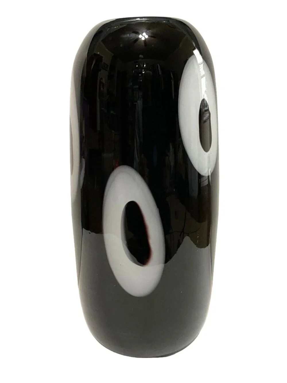 Murano Art Glass Black Cased Glass Vase Hand Blown White Circles Polished 13
